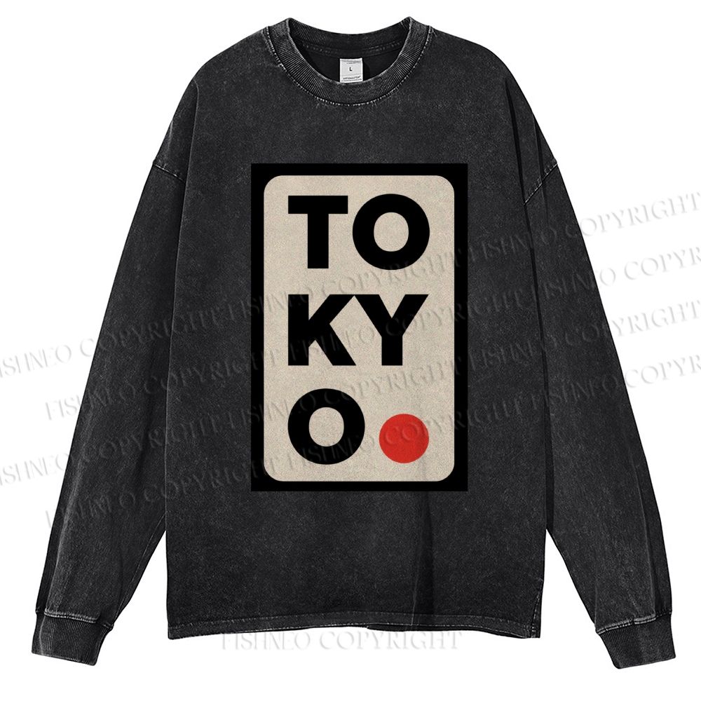 Unisex Casual Washed Tokyo Printed Long Sleeve T-shirt