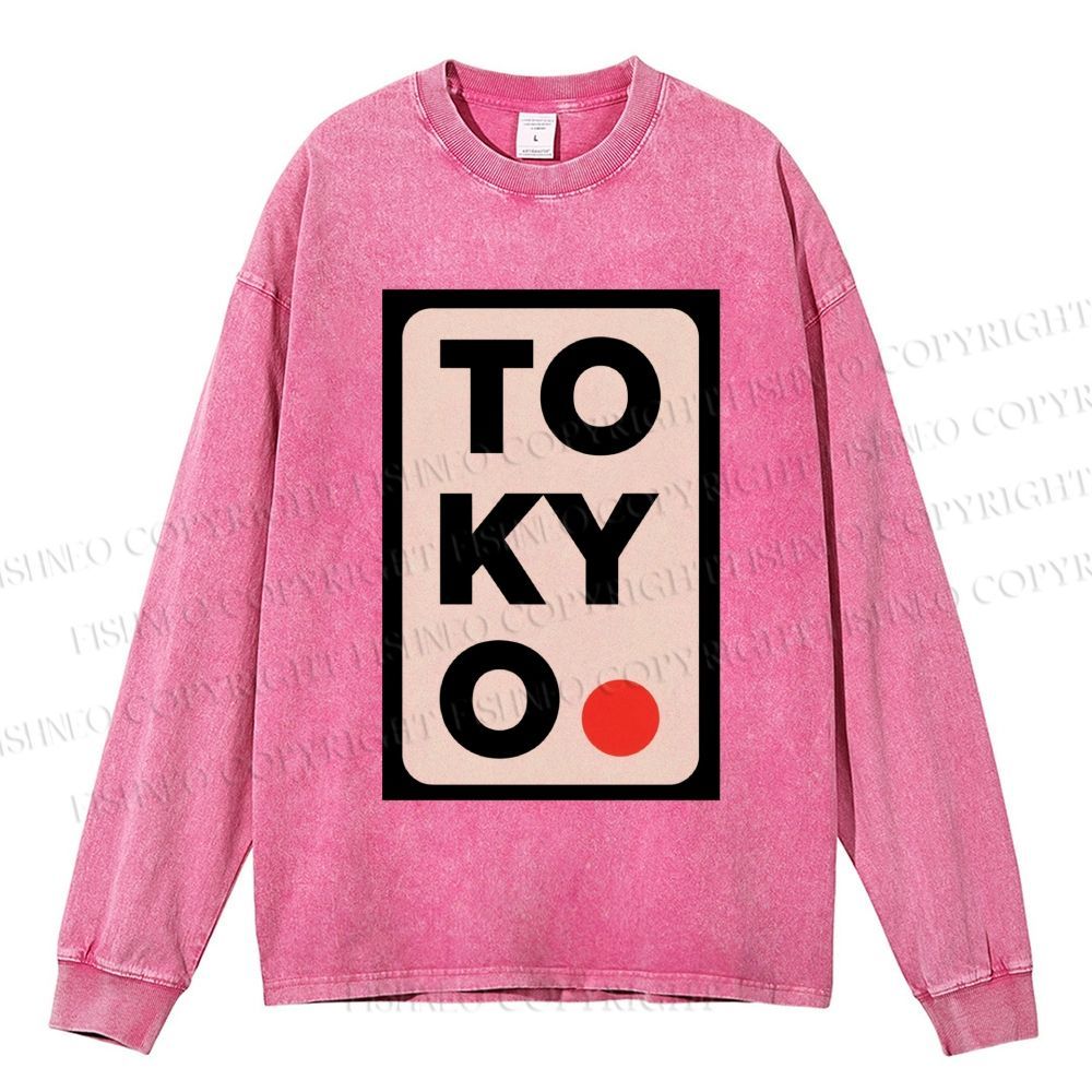 Unisex Casual Washed Tokyo Printed Long Sleeve T-shirt