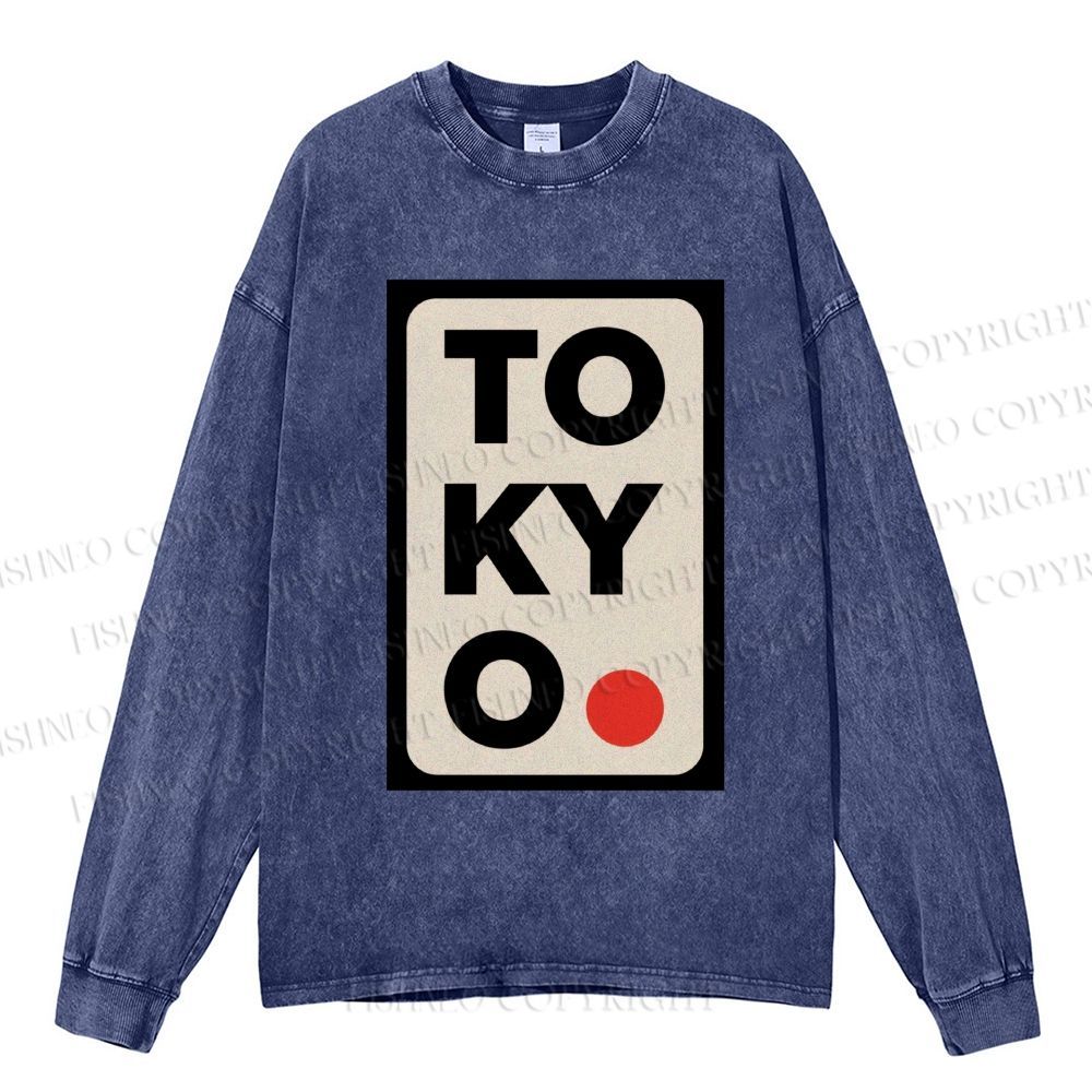 Unisex Casual Washed Tokyo Printed Long Sleeve T-shirt