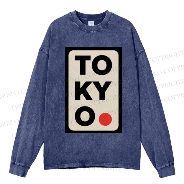 Unisex Casual Washed Tokyo Printed Long Sleeve T-shirt