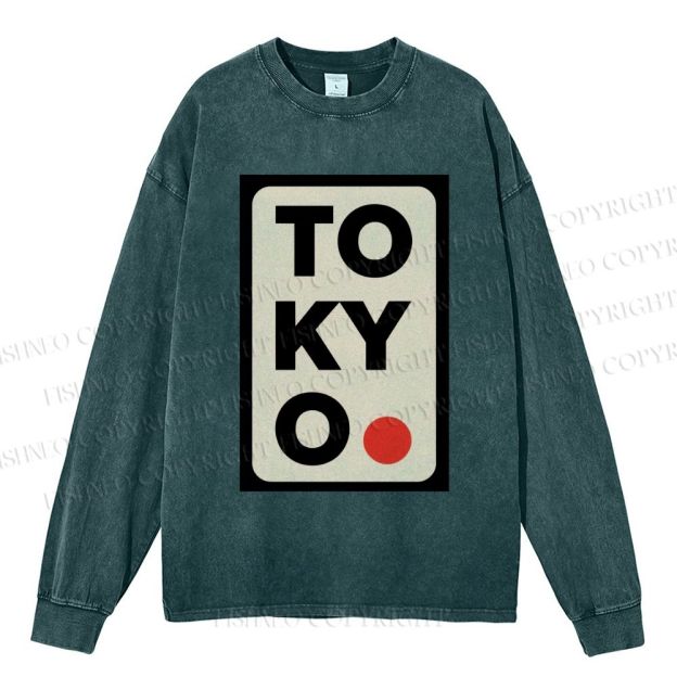Unisex Casual Washed Tokyo Printed Long Sleeve T-shirt