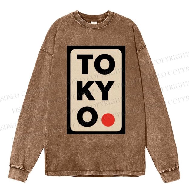 Unisex Casual Washed Tokyo Printed Long Sleeve T-shirt