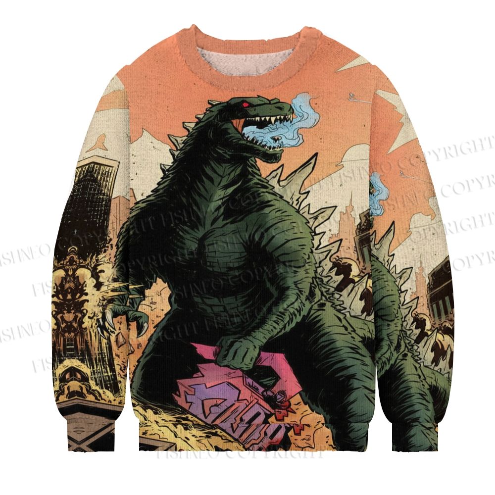 Unisex Godzilla Graffiti Print Casual Crew Neck Sweater