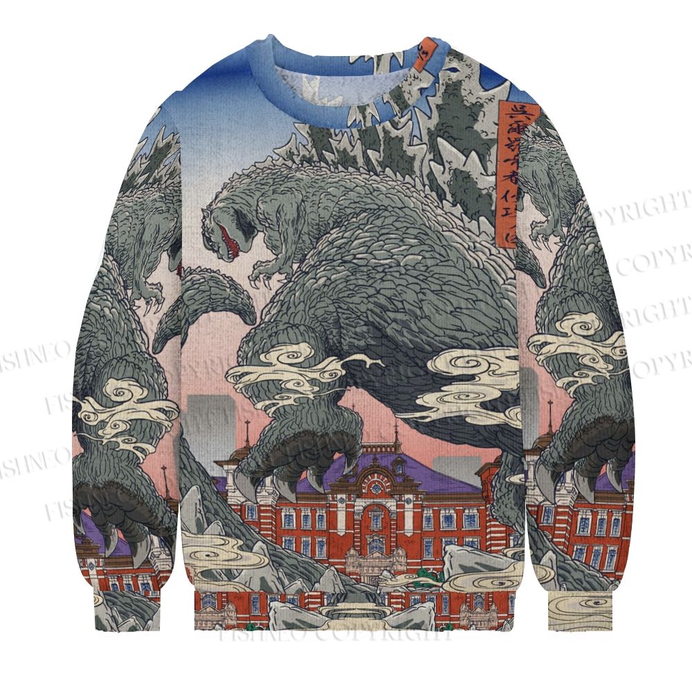 Unisex Ukiyo-e Style Godzilla Print Casual Crew Neck Sweater