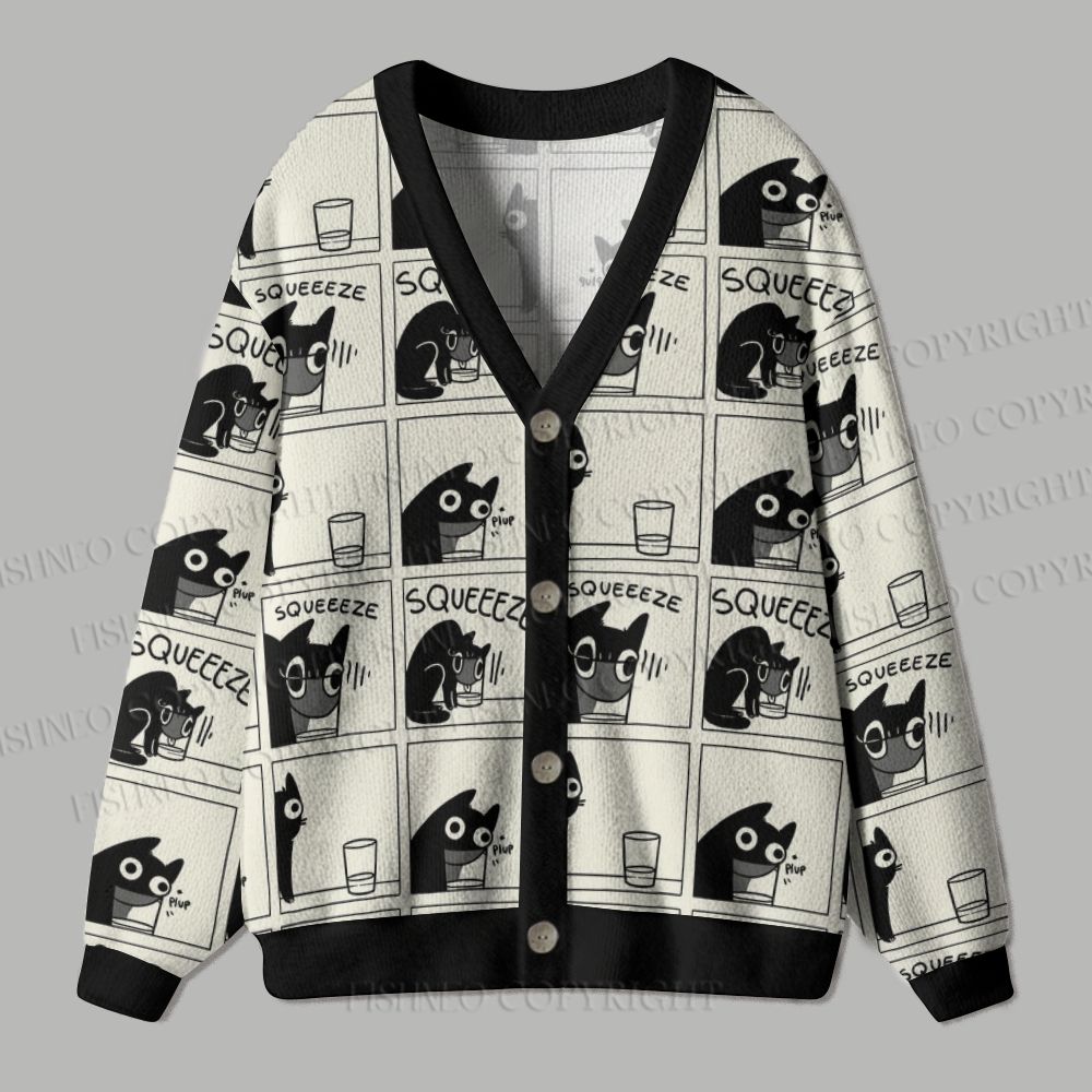 Black Cat Squeeze in Glass Funny Comic Ugly Cardigan Sweater
