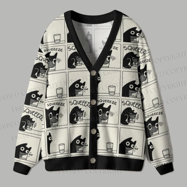 Black Cat Squeeze in Glass Funny Comic Ugly Cardigan Sweater
