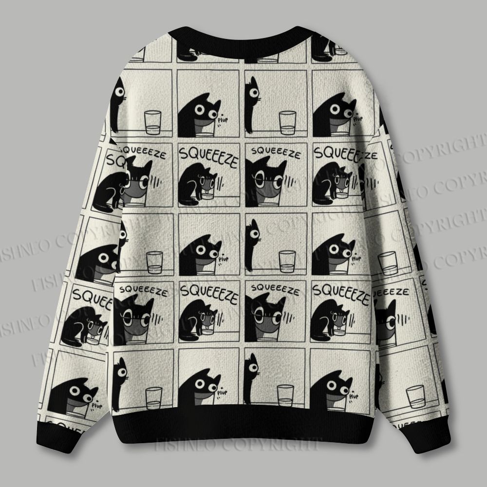 Black Cat Squeeze in Glass Funny Comic Ugly Cardigan Sweater