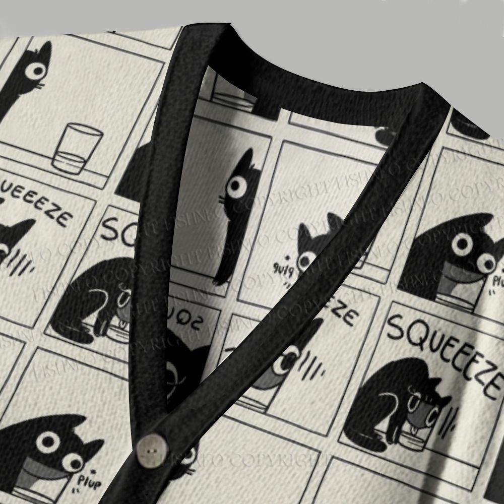 Black Cat Squeeze in Glass Funny Comic Ugly Cardigan Sweater