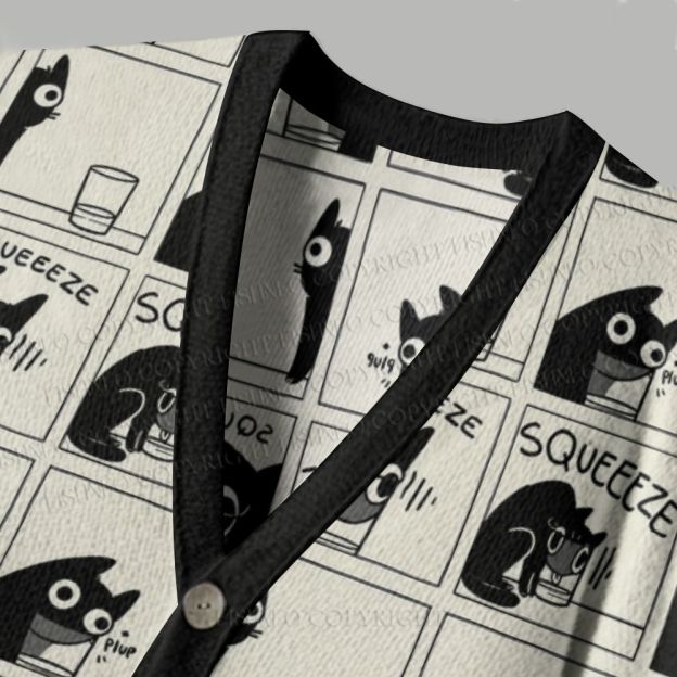 Black Cat Squeeze in Glass Funny Comic Ugly Cardigan Sweater