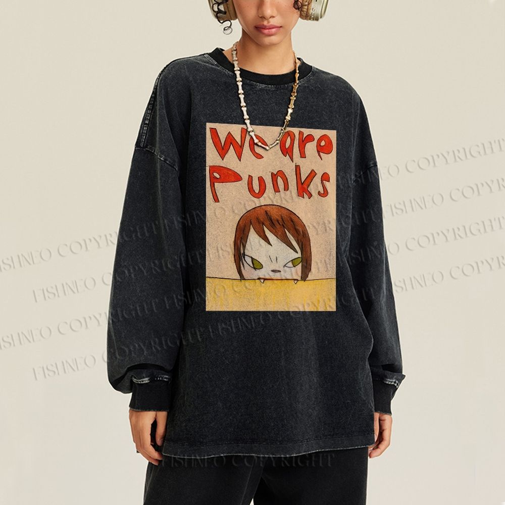 Unisex Casual Washed Yoshitomo Nara We Are Punks Printed Long Sleeve T-shirt