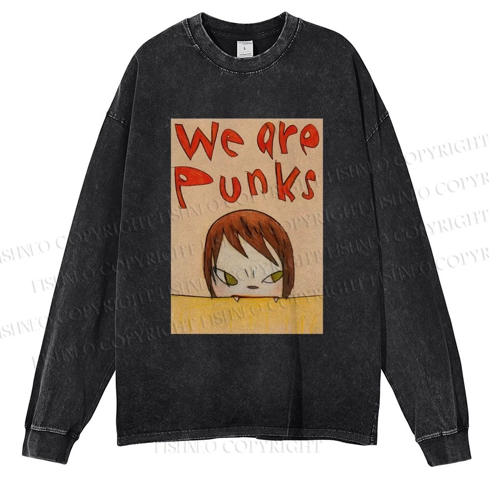 Unisex Casual Washed Yoshitomo Nara We Are Punks Printed Long Sleeve T-shirt