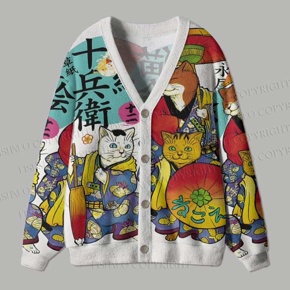Nekoe Jubei Otogi Soushi Kimono Cat Printed Ugly Cardigan Sweater