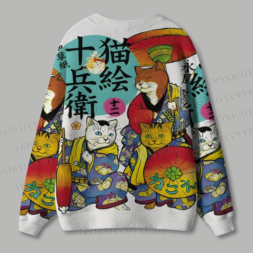 Nekoe Jubei Otogi Soushi Kimono Cat Printed Ugly Cardigan Sweater