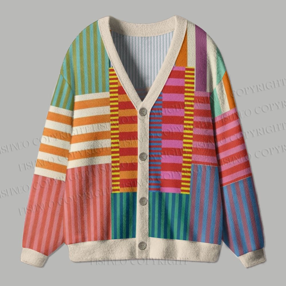Colorful Geometric Stripes Printed Ugly Cardigan Sweater