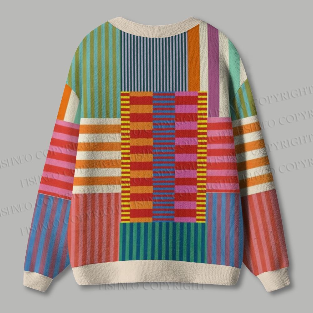 Colorful Geometric Stripes Printed Ugly Cardigan Sweater