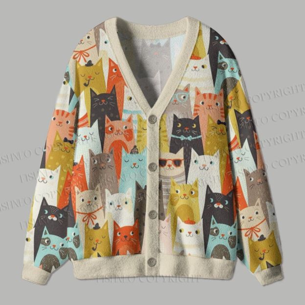 Colorful Cartoon Cat Printed Ugly Cardigan Sweater