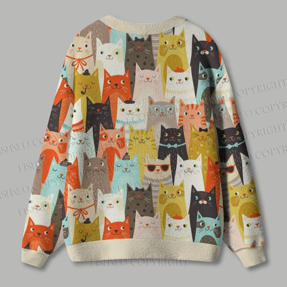 Colorful Cartoon Cat Printed Ugly Cardigan Sweater