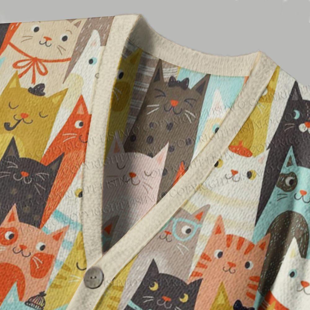 Colorful Cartoon Cat Printed Ugly Cardigan Sweater
