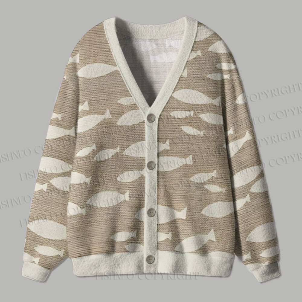 Vintage Geometric Fish Printed Ugly Cardigan Sweater