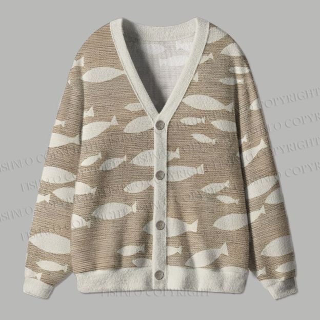 Vintage Geometric Fish Printed Ugly Cardigan Sweater
