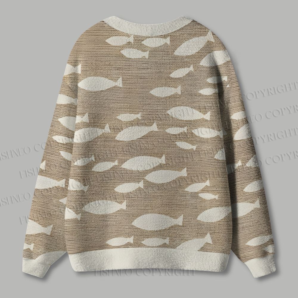 Vintage Geometric Fish Printed Ugly Cardigan Sweater