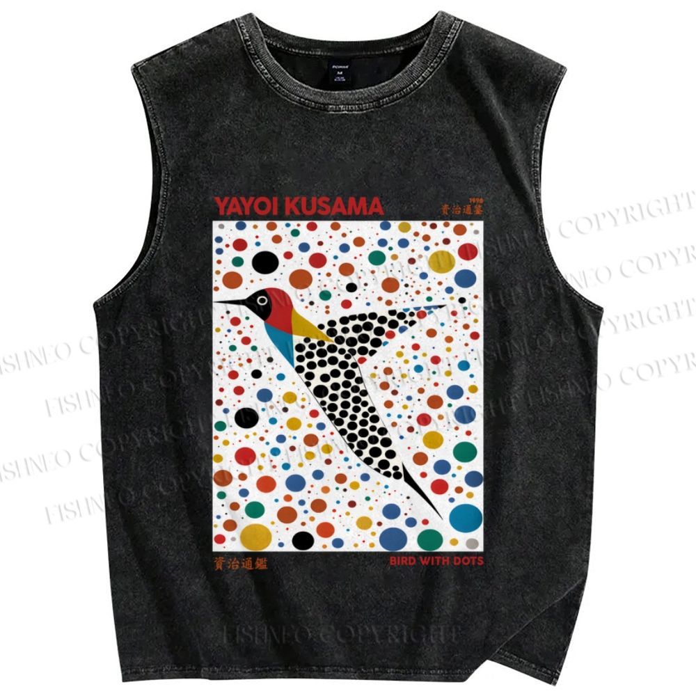 Unisex Yayoi Kusama Bird With Dots Printed Washed Tank Top