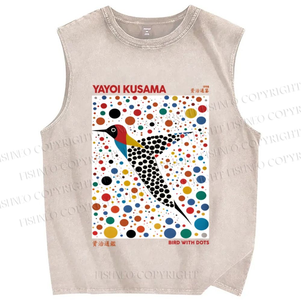 Unisex Yayoi Kusama Bird With Dots Printed Washed Tank Top