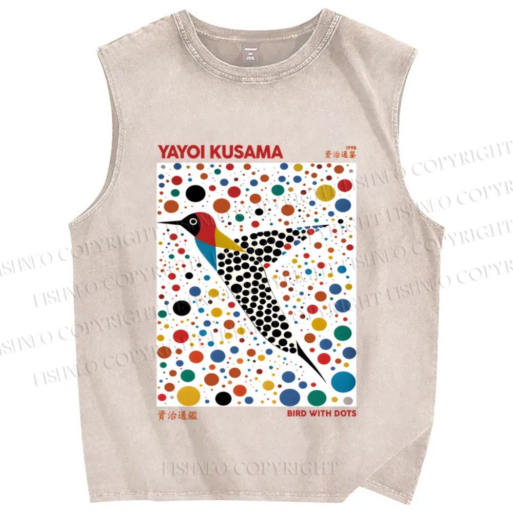 Unisex Yayoi Kusama Bird With Dots Printed Washed Tank Top