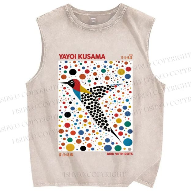 Unisex Yayoi Kusama Bird With Dots Printed Washed Tank Top