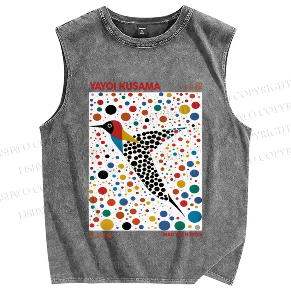 Unisex Yayoi Kusama Bird With Dots Printed Washed Tank Top