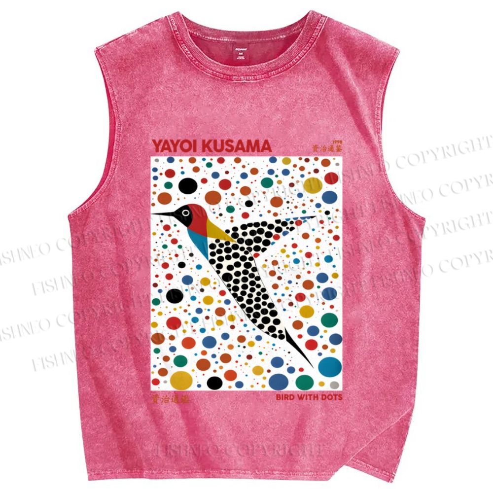 Unisex Yayoi Kusama Bird With Dots Printed Washed Tank Top