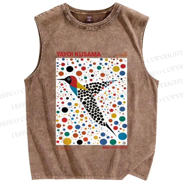 Unisex Yayoi Kusama Bird With Dots Printed Washed Tank Top