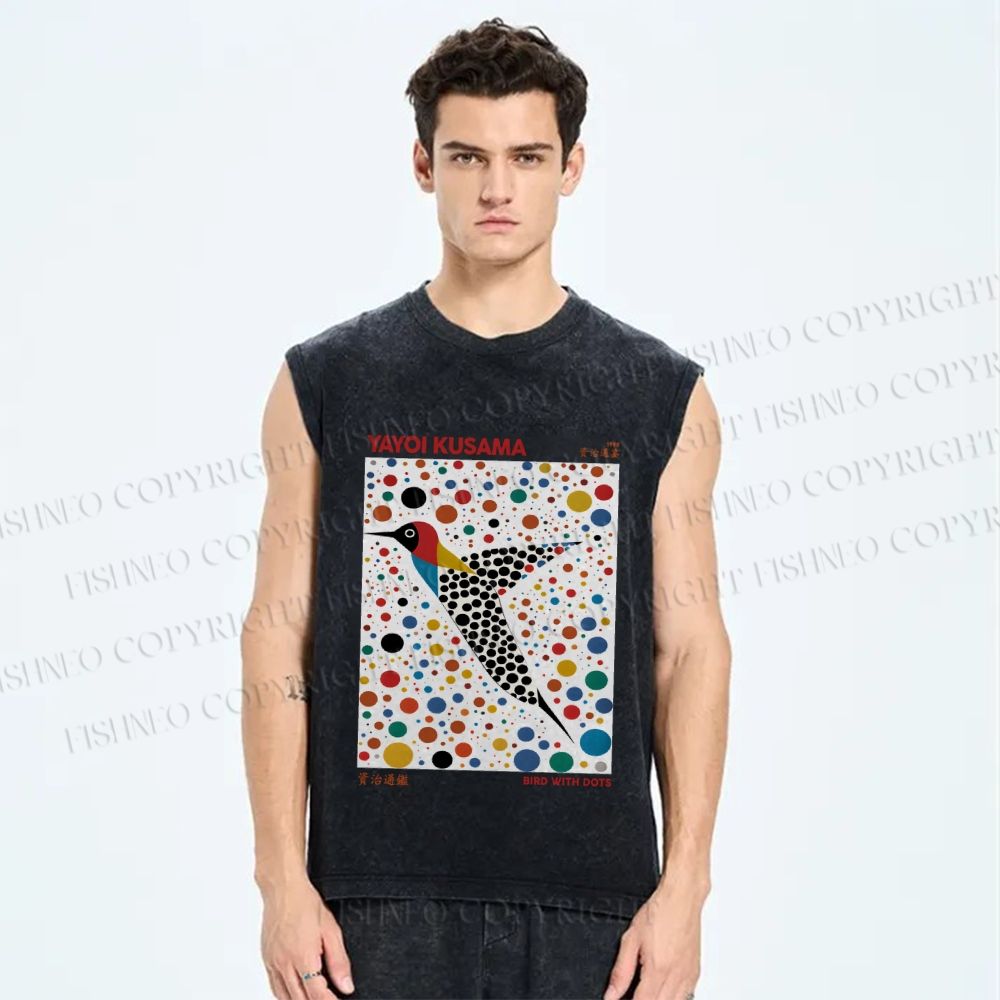 Unisex Yayoi Kusama Bird With Dots Printed Washed Tank Top