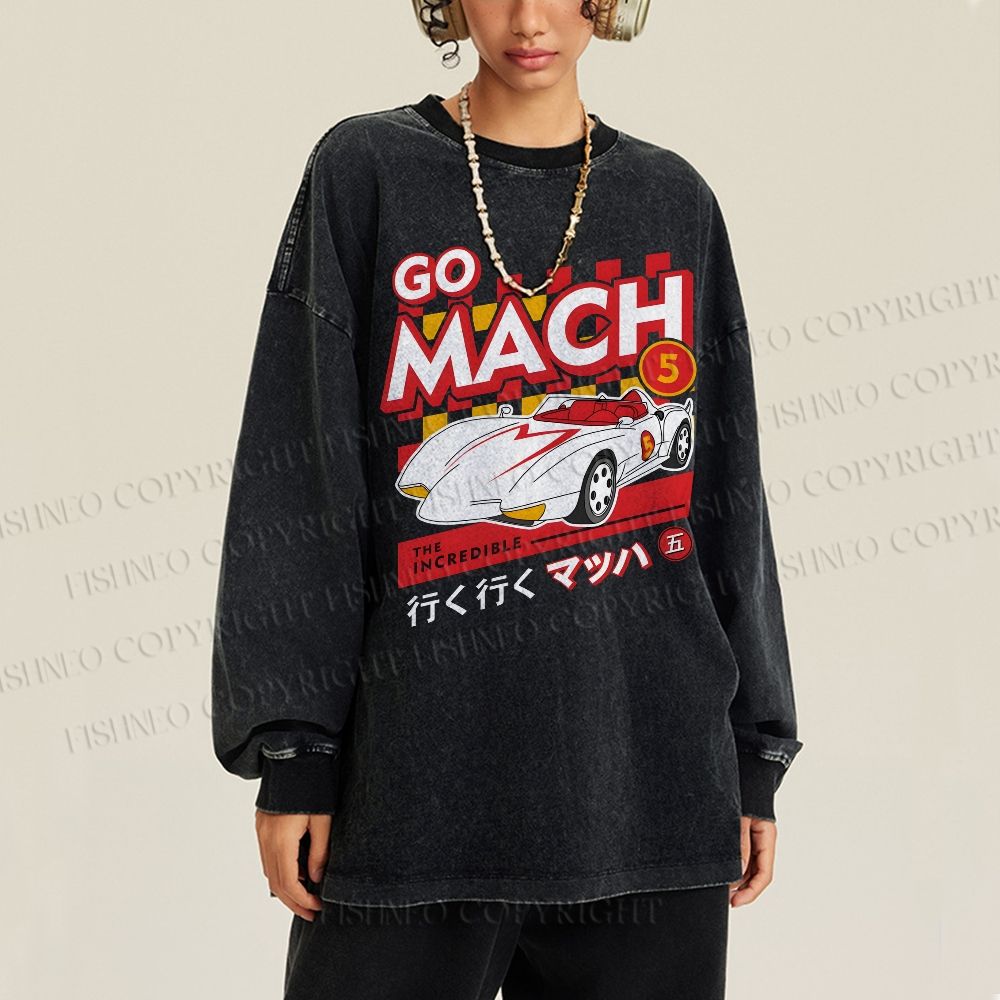 Unisex Casual Washed Speed Racer Printed Long Sleeve T-shirt