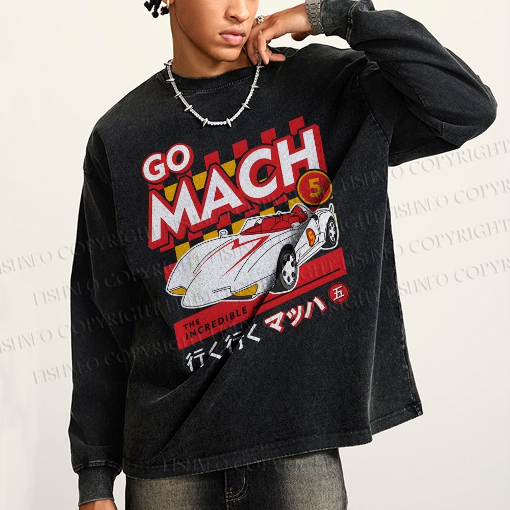 Unisex Casual Washed Speed Racer Printed Long Sleeve T-shirt