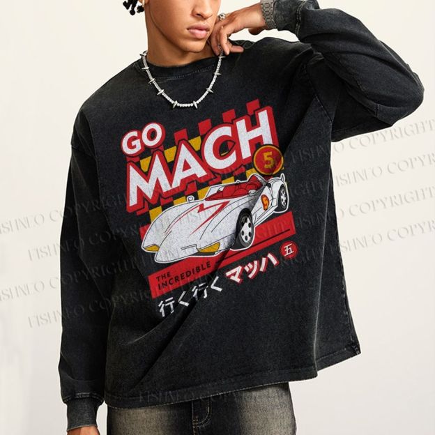 Unisex Casual Washed Speed Racer Printed Long Sleeve T-shirt