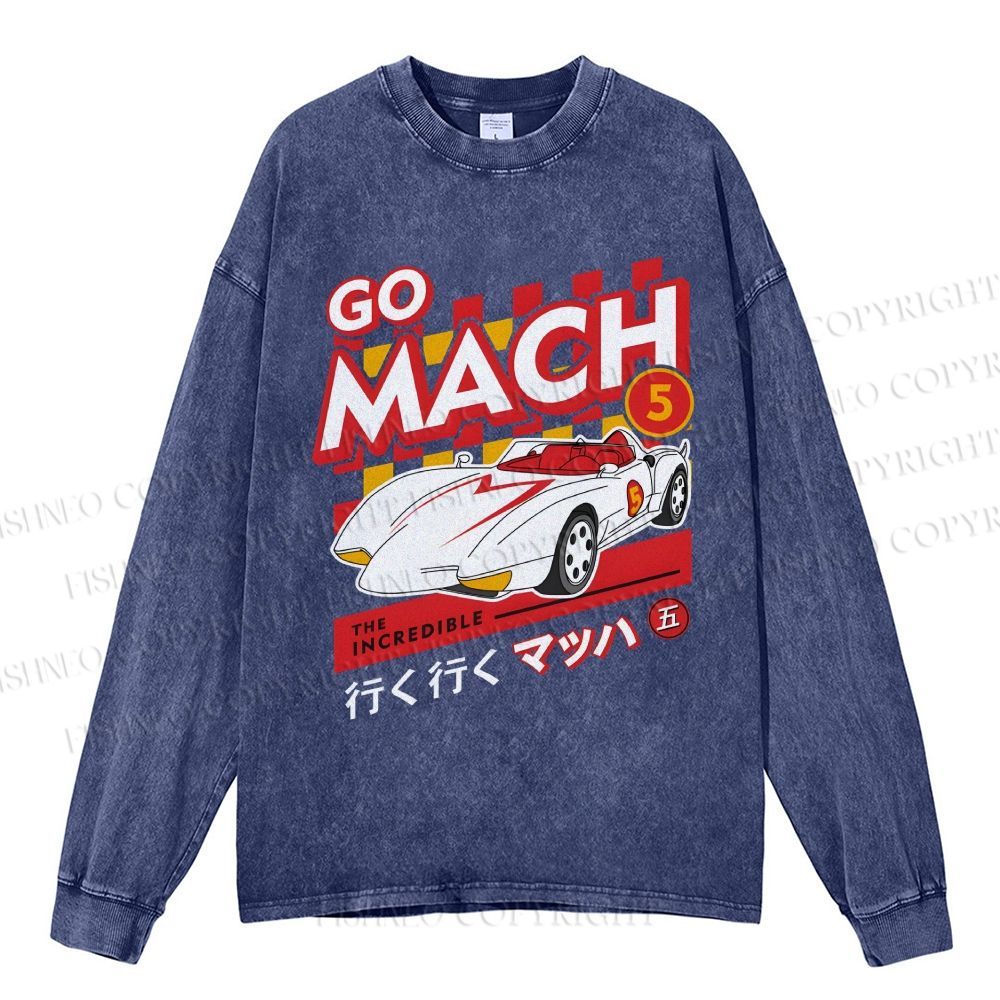 Unisex Casual Washed Speed Racer Printed Long Sleeve T-shirt