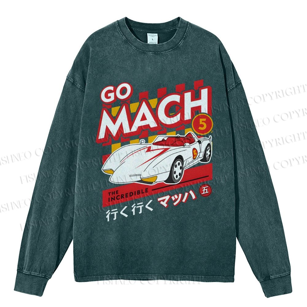 Unisex Casual Washed Speed Racer Printed Long Sleeve T-shirt