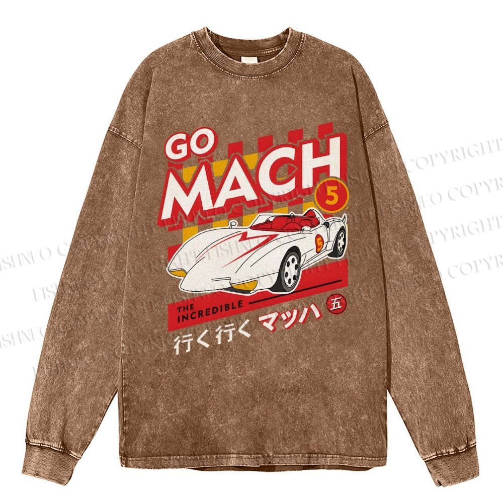 Unisex Casual Washed Speed Racer Printed Long Sleeve T-shirt