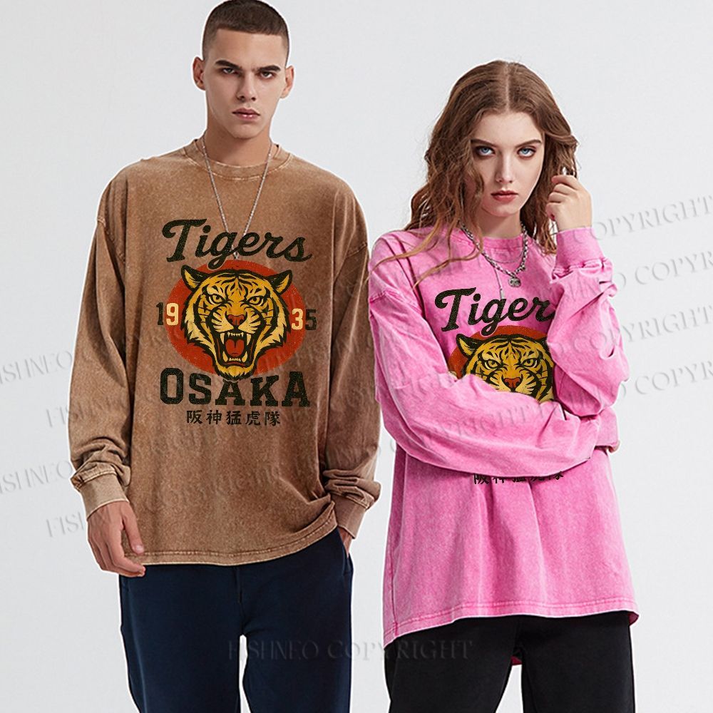 Unisex Casual Washed Tiger Osaka Printed Long Sleeve T-shirt