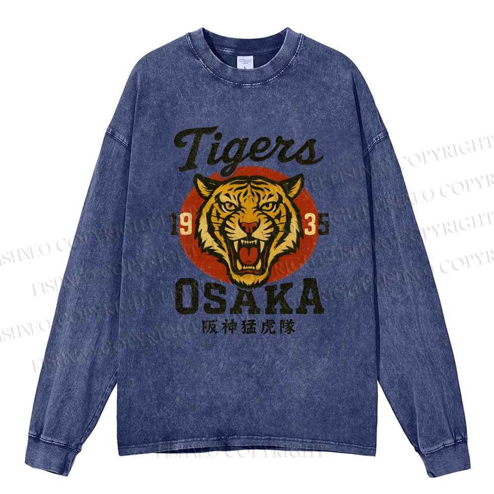 Unisex Casual Washed Tiger Osaka Printed Long Sleeve T-shirt