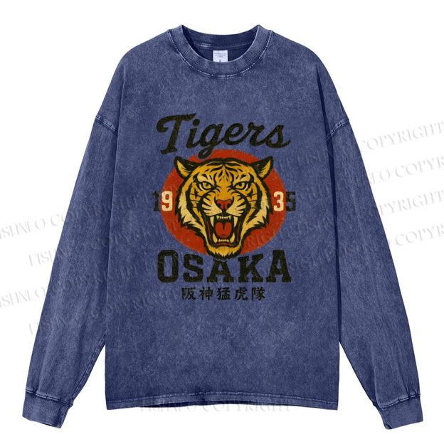 Unisex Casual Washed Tiger Osaka Printed Long Sleeve T-shirt