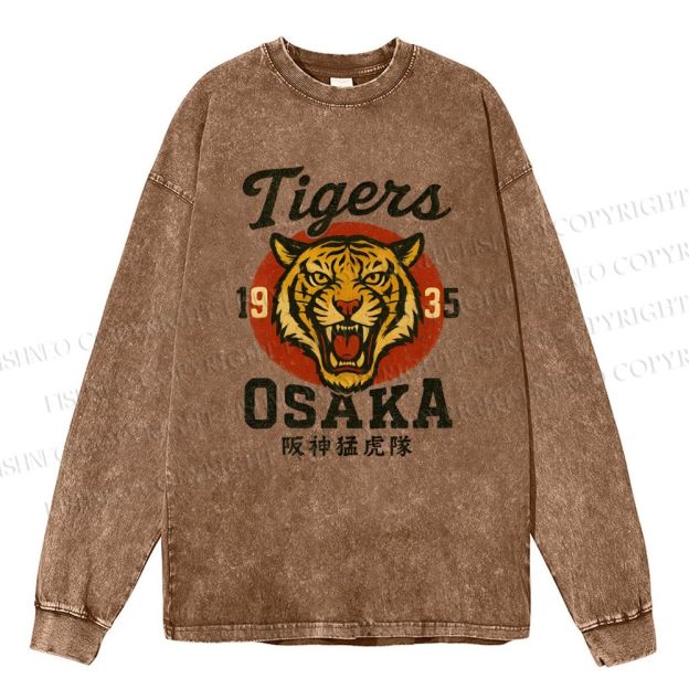 Unisex Casual Washed Tiger Osaka Printed Long Sleeve T-shirt