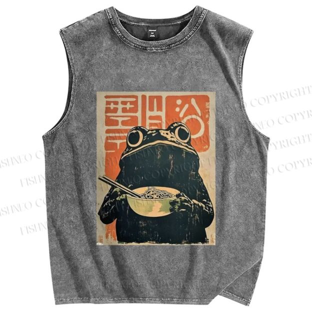 Frog Eating Ramen Vintage Distressed Washed Tank Top
