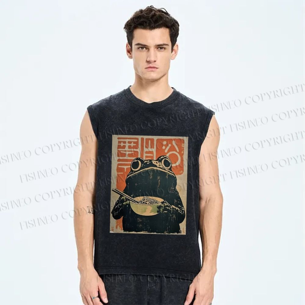 Frog Eating Ramen Vintage Distressed Washed Tank Top