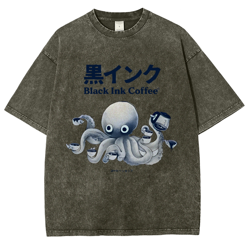 Black Ink Coffee Octopus Japan Vintage Washed T-shirt
