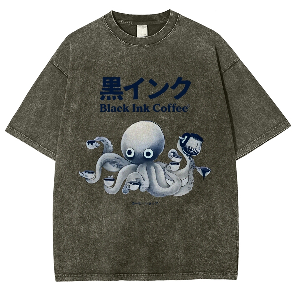 Black Ink Coffee Octopus Japan Vintage Washed T-shirt