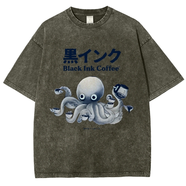 Black Ink Coffee Octopus Japan Vintage Washed T-shirt