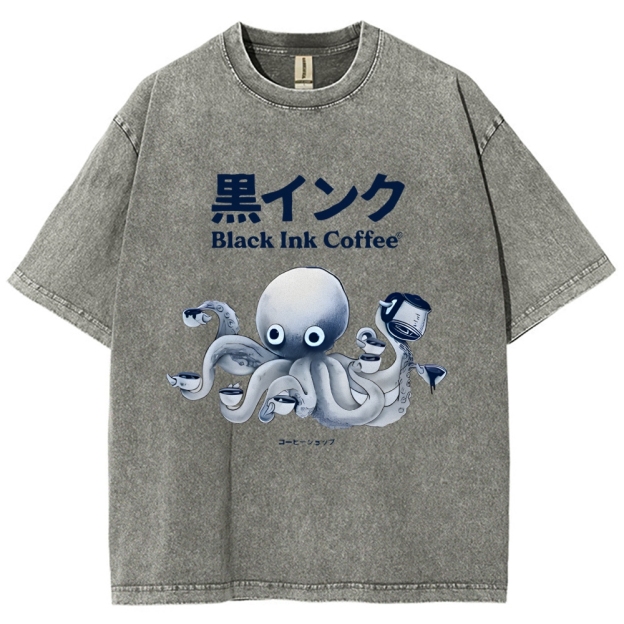 Black Ink Coffee Octopus Japan Vintage Washed T-shirt