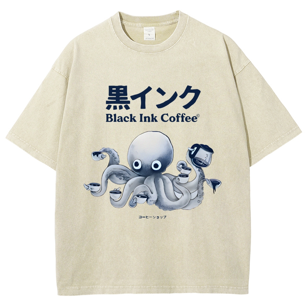 Black Ink Coffee Octopus Japan Vintage Washed T-shirt